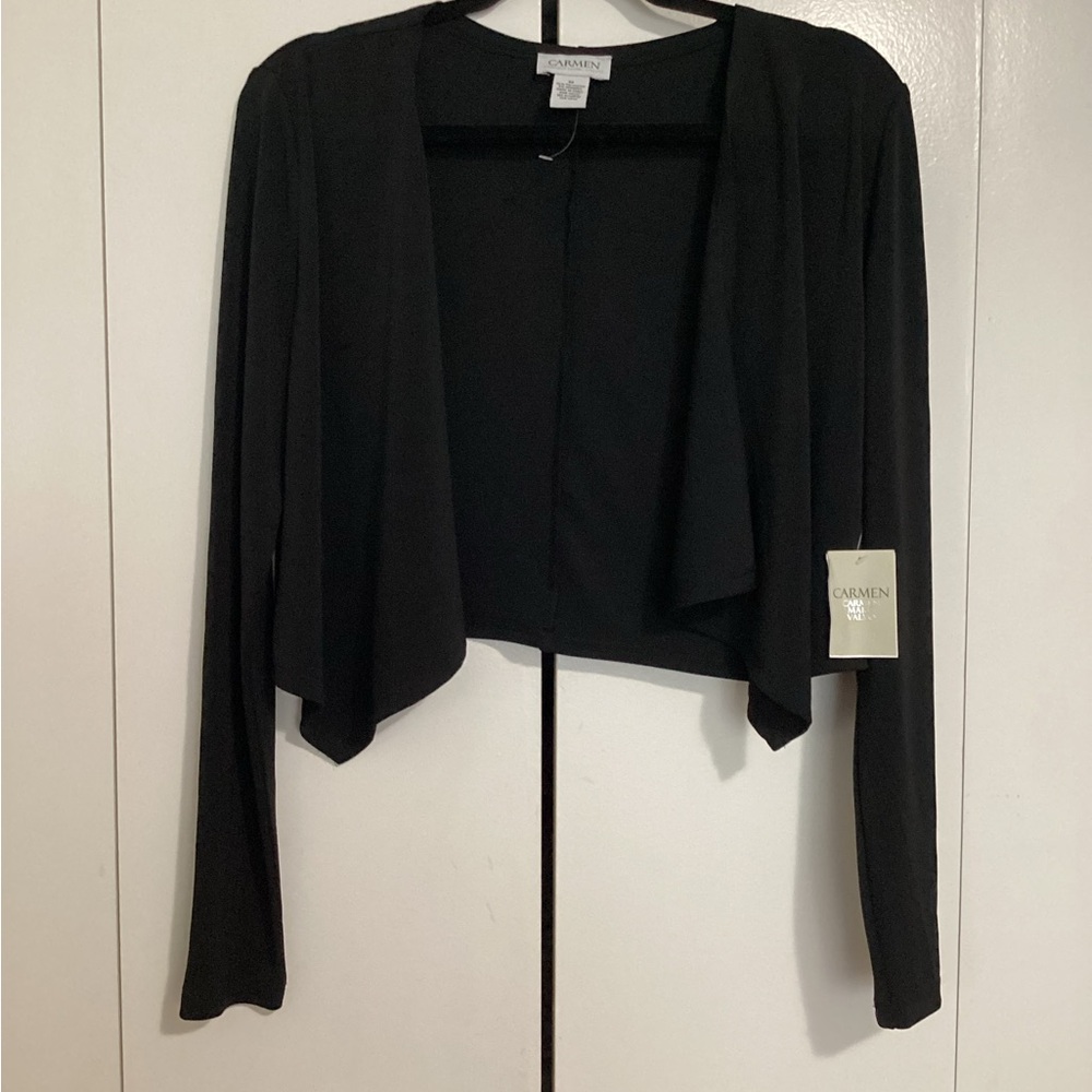 Cropped, silky black cardigan jacket
